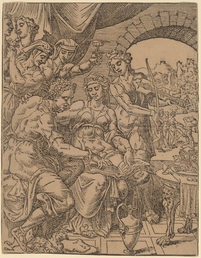 Syn marnotrawny trwoni swoje dziedzictwo na nierządnice autorstwa Dirck Volckertz Coornhert after Maerten van Heemskerck
