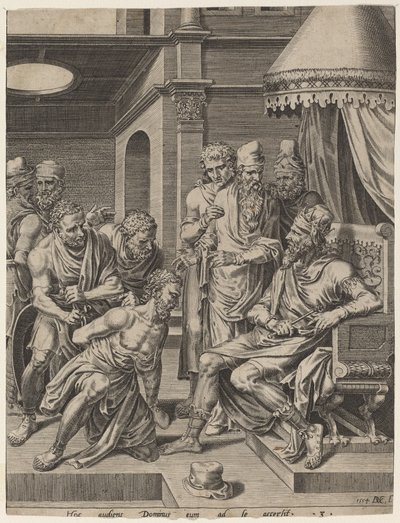 Niemiłosierny sługa przyprowadzony przed króla autorstwa Dirck Volckertz Coornhert, after Maerten van Heemskerck