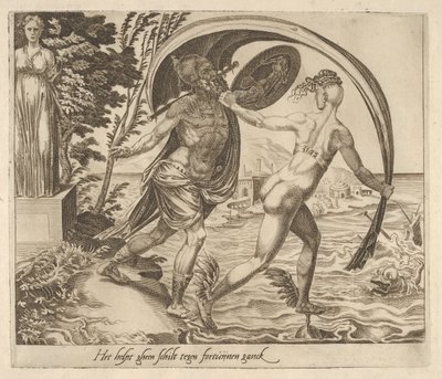 Tarcza na nic się nie przyda, gdy Fortuna odwraca się od Sześciu Przysłów o Fortunie, ca. 1560. autorstwa Dirck Volkertsen Coornhert