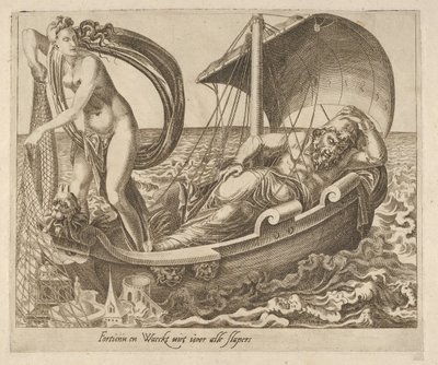 Fortuna nie czuwa nad wszystkimi śpiącymi z Sześciu powiedzeń o fortunie, ca. 1560. autorstwa Dirck Volkertsen Coornhert