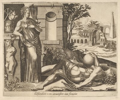 Cierpliwość jako zwycięzca nad fortuną z Sześciu przysłów o fortunie, ca. 1560. autorstwa Dirck Volkertsen Coornhert