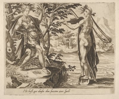 Ten, komu gra fortuna, zatańczy wesoło z Sześciu powiedzeń o fortunie, ca. 1560. autorstwa Dirck Volkertsen Coornhert