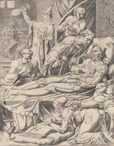 Bogacz na łożu śmierci, z Przypowieści o Łazarzu i bogaczu, tablica 2, 1551. autorstwa Dirck Volkertsen Coornhert