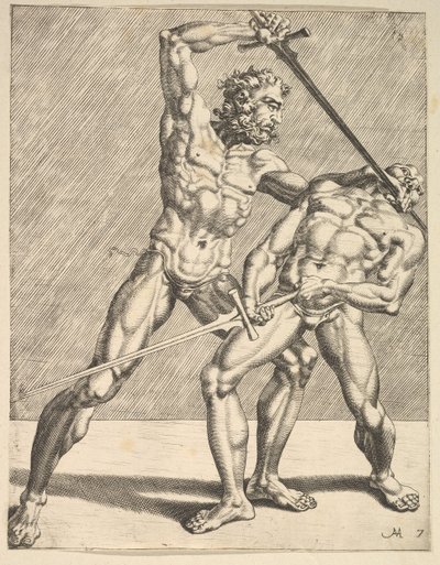 Dwóch Szermierzy, od Szermierzy, tablica 7, 1552 autorstwa Dirck Volkertsen Coornhert