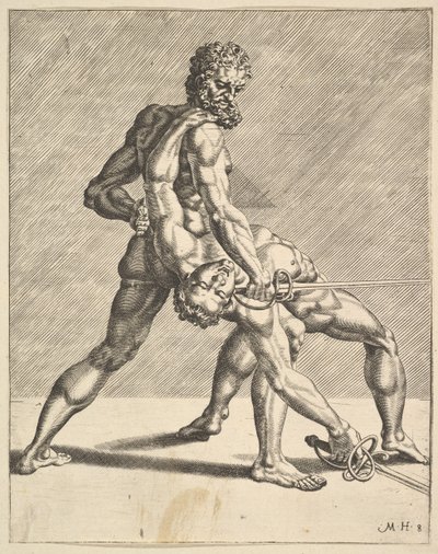 Dwóch Szermierzy, od Szermierzy, tablica 8, 1552 autorstwa Dirck Volkertsen Coornhert