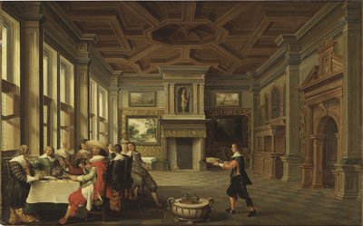 Diner distingue dans un interieur - Distinguished Dinner Company in an Interior, Delen, Dirck van (ok. 1605-1671). olej na płótnie autorstwa Dirck van Delen