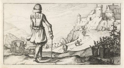 Mężczyzna w przeszywanicy w górskim krajobrazie Stroje holenderskie damskie i męskie, 1622 (tytuł serii) autorstwa Dirk Eversen Lons