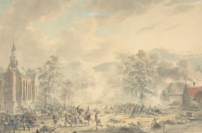 Scena bitwy z kościołem po lewej, ca. 1790-1800. autorstwa Dirk Langendijk