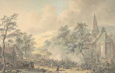 Scena bitewna z kościołem po prawej, ca. 1790-1800. autorstwa Dirk Langendijk