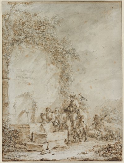 Frontyspis do albumu rysunków: Chłopi przy fontannie (recto) autorstwa Dirk Langendijk