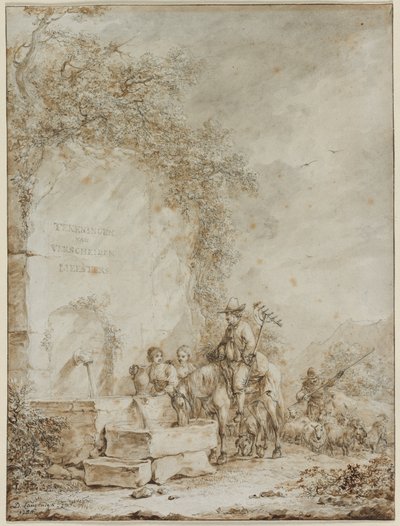 Frontyspis do albumu rysunków: Chłopi przy fontannie, 1784. autorstwa Dirk Langendyk