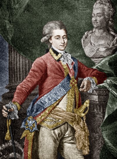 Aleksander Dmitriewicz Łanskoj (1758-1784), rosyjski wojskowy, kochanek Katarzyny II Rosyjskiej, rycina kolorowanego dokumentu autorstwa Dmitri Grigor
