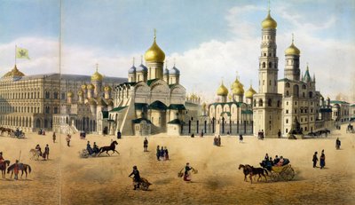 Sobory Zwiastowania i Archanioła, z panoramy Moskwy, rytowane przez Philippe Benoist 1813-c.1905 i Aubrun, wyd. przez Lemercier litho detal z 105099 autorstwa Dmitri Indieitzeff