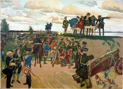 Założenie petersburskiej twierdzy przez Piotra I Wielkiego (1672-1725) w XVIII wieku. (Założenie twierdzy Sankt Petersburg). Praca Dymitra Nikołajewicza Kardowskiego (Kardowskiego) (1866-1943), litografia autorstwa Dmitri Nikolayevich Kardovsky