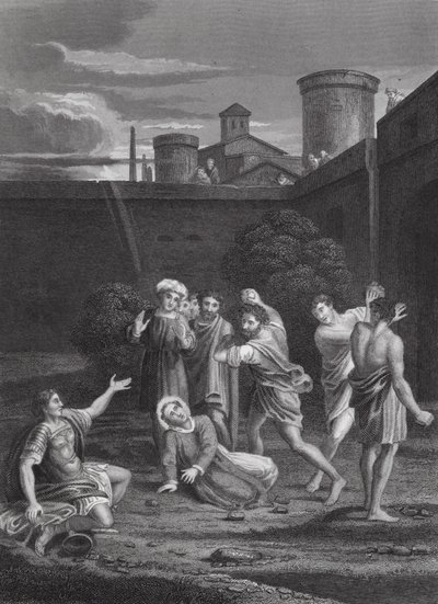 Ukamienowanie Szczepana, Dzieje Apostolskie, rozdział VII, wersety 54, 60 (rycina) autorstwa Domenichino (1581 1641) (after)