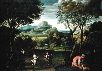 Pejzaż z łodziami lub Pejzaż ze sceną polowania (olej na płótnie) autorstwa Domenichino