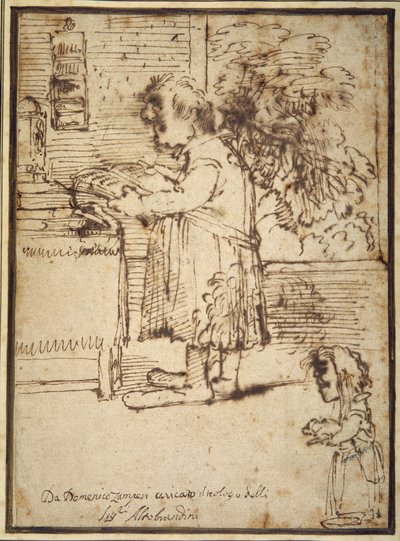 Karykatura teologa Aldobrandini, z karzełką trzymającą psa (pióro i atrament na papierze) autorstwa Domenichino