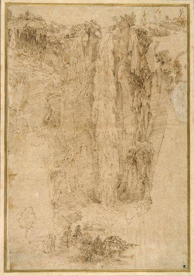 Krajobraz z kaskadą; u stóp dwóch mężczyzn, jeden na koniu (pióro i brązowy tusz na papierze) autorstwa Domenichino