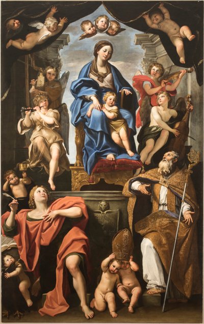 Dziewica z Dzieciątkiem ze świętymi Petroniuszem i Janem Ewangelistą, 1625-1629. autorstwa Domenichino