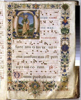Ms 540 f.3r Strona z historyzowanym inicjałem "M" przedstawiającym św. Andrzeja, z księgi chóru z San Marco e Cenacoli (vellum) autorstwa Domenico Ghirlandaio