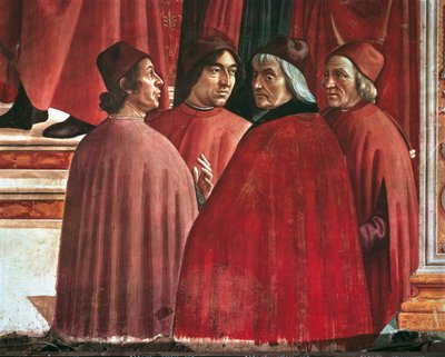 Historie Maryi Panny: Zwiastowanie Zachariaszowi, fragment Cristoforo Landino, Angelo Poliziano i Marsilio Ficino, ok. 1485-90 (świeże) autorstwa Domenico Ghirlandaio
