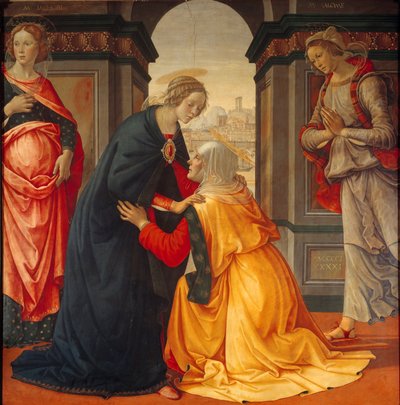 Nawiedzenie: Maryja nawiedza Elżbietę, między Marie Jacobie i Marie Salome, świadkami Ukrzyżowania i Zmartwychwstania, obraz Domenico Ghirlandaio (1449-1494) 1491 autorstwa Domenico Ghirlandaio