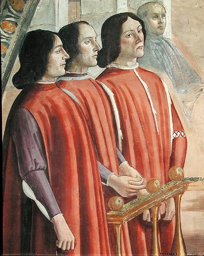 Członkowie rodziny Sassetti, ze sceny z cyklu Żywot św. Franciszka z Asyżu, 1486 (detal 85235) autorstwa Domenico Ghirlandaio