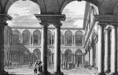 Breran palatsin sisäpiha Milanossa, jossa sijaitsee Kuvataideakatemia ja taidegalleria, jonka on suunnitellut arkkitehti Francesco Maria Richini (1584-1658), kaiverrus Domenico Aspari (1745-1831), italiapuolalainen autorstwa Domenico Aspari