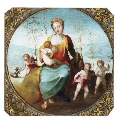 Beccafumi - Charyzma karmiąca dziecko w otoczeniu trojga dzieci bawiących się z psem i konikami, ok. 1525 r. autorstwa Domenico Beccafumi