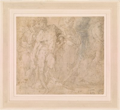 Beccafumi - Stojący akt męski wśród grupy postaci, jedna z nich w pozycji leżącej, ok. 1530-1540 autorstwa Domenico Beccafumi