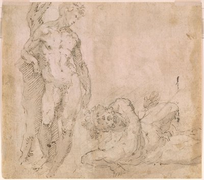 Beccafumi - Verso Akt męski oparty o pień drzewa i leżący Akt męski z głową odrzuconą do tyłu, ok. 1530-1540 autorstwa Domenico Beccafumi