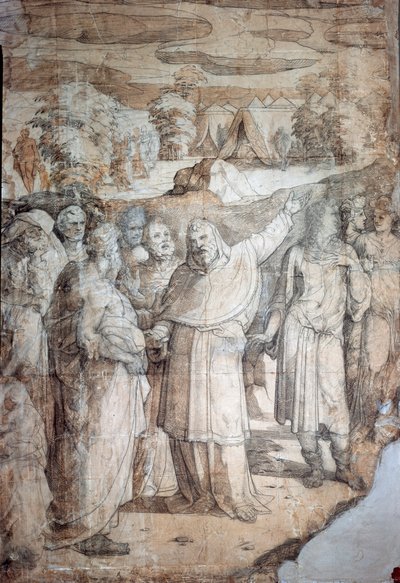 Historia Mojżesza na górze Synaj: Hebrajczycy czekają na powrót Mojżesza. Rysunek przygotowawczy do budowy chodnika katedry w Sienie. Obraz Domenico Beccafumi (1486-1551). Włochy, Siena, Narodowa Pinakoteka. (Siena, Pinacoteca Nazionale) autorstwa Domenico Beccafumi