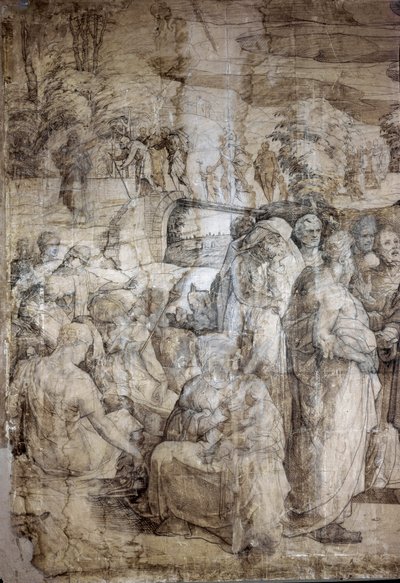 Historia Mojżesza na górze Synaj: Hebrajczycy czekają na powrót Mojżesza. Rysunek przygotowawczy do budowy chodnika katedry w Sienie. Obraz Domenico Beccafumi (1486-1551). Włochy, Siena, Narodowa Pinakoteka. (Siena, Pinacoteca Nazionale) autorstwa Domenico Beccafumi