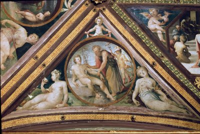 Prometeusz tworzący człowieka pod spojrzeniem Merkurego trzymający liściasty i noszący skrzydła w hełmie i sandałach Fresco autorstwa Domenico Beccafumi (1486-1551) autorstwa Domenico Beccafumi