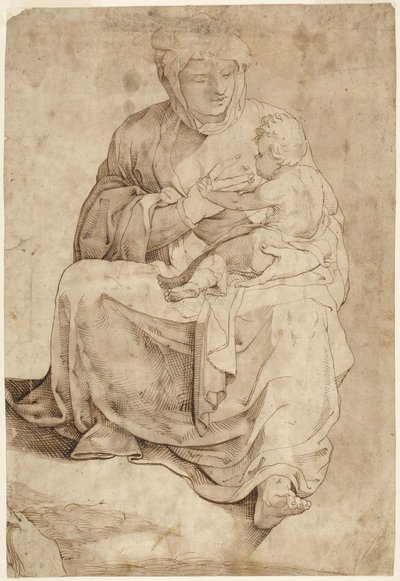 Siedząca Madonna karmiąca Dzieciątko, fragment intarsjowanego panelu podłogowego w katedrze w Sienie autorstwa Domenico Beccafumi