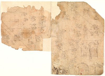 Szkice postaci, kompozycji i scen architektonicznych autorstwa Domenico Beccafumi