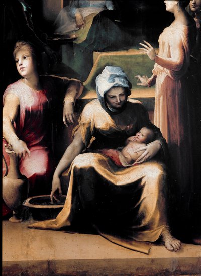 Narodziny Dziewicy. Szczegół przedstawiający pokojówkę w nowej łanie. Obraz Domenico Beccafumi (1486-1551), około 1540-1543. drewno. Wymiary: 233x145cm. Włochy, Siena, Narodowa Pinakoteka (Siena, Pinacoteca Nazionale) autorstwa Domenico Beccafumi