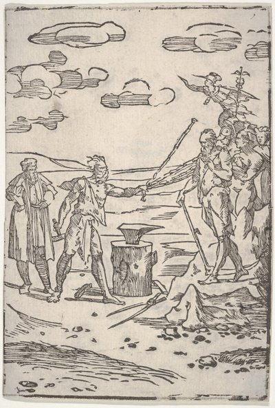 Fałszerz stojący przy kowadle, ciągnący zakutego w kajdany mężczyznę, z serii The var..., ca. 1540-1550. autorstwa Domenico di Pace Beccafumi  