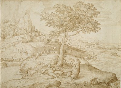 Przekształcenie Callistosa w niedźwiedzia po urodzeniu Arcasa, ok. 1558 (długopis i brązowy tusz na kremowym papierze) autorstwa Domenico Campagnola