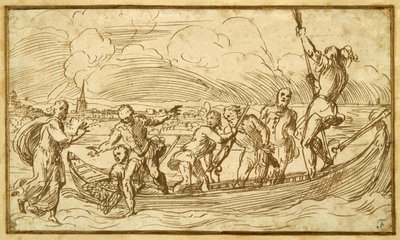 Chrystus i św. Piotr chodzą po wodzie (pióro i brązowy atrament na papierze) autorstwa Domenico Campagnola