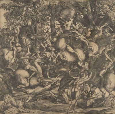 Grupa nagich mężczyzn walczących w zalesionym krajobrazie, niektórzy na koniach, pies w lo..., 1517. autorstwa Domenico Campagnola