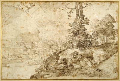 Krajobraz z astrologią (długopis i brązowy tusz na papierze) autorstwa Domenico Campagnola