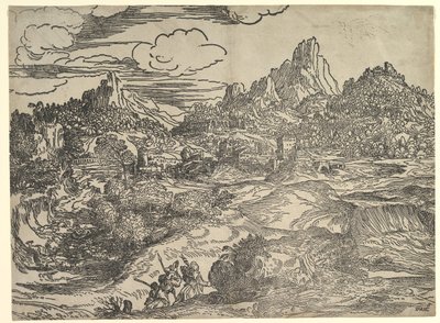Na pierwszym planie pejzaż z rodziną idącą razem, po lewej dwie postacie z ..., ca. 1535-40. autorstwa Domenico Campagnola