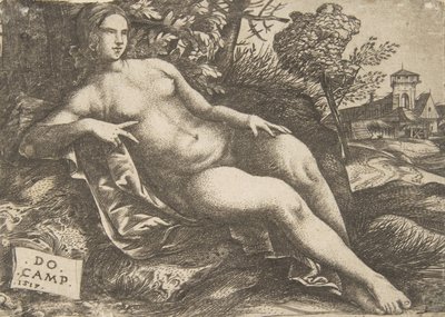 Naga kobieta Wenus leżąca w krajobrazie, 1517. autorstwa Domenico Campagnola