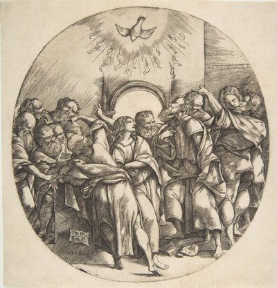 Duch Święty jako ptak zstępujący z rozpostartymi skrzydłami pośrodku, dwunastu Apostołów..., 1518. autorstwa Domenico Campagnola