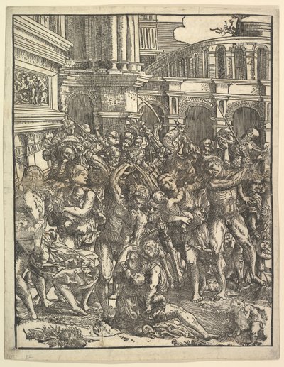 Rzeź Niewiniątek Prawa strona z grupą męskich postaci atakujących kobiety i..., 1517. autorstwa Domenico Campagnola