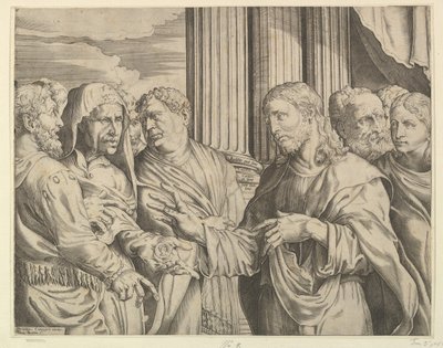 Pieniądze z hołdu: Chrystus pośrodku po prawej, wskazujący na mężczyznę po lewej z monetami..., ok. godz. 1564-89. autorstwa Domenico Campagnola