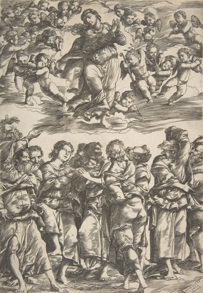 Dziewica u góry pośrodku w chmurach ze splecionymi dłońmi i podniesioną prawą nogą, otoczona..., 1517. autorstwa Domenico Campagnola