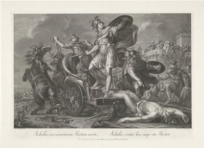 Achilles ciągnie zwłoki Hectora za swoim rydwanem Achilles in exanimem Hectora saevit / Achilles wyładowuje swoją wściekłość na Hektorze (tytuł na obiekcie) autorstwa Domenico Cunego