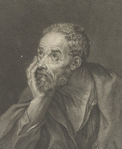 Stary brodaty mężczyzna opierający głowę na prawej ręce i patrzący w górę w lewo, na rufie..., 1775. autorstwa Domenico Cunego